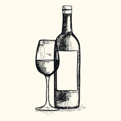 Hand-drawn wine bottle and glass engraving. Engraved drink bottles in a vintage style. Detailed line art drink collection. Black and white food illustration.