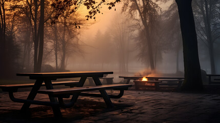 A park with a picnic table and a fire pit