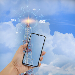 Telecommunication towers with 4G and 5G transmitters, mobile phone base stations with transmitting...