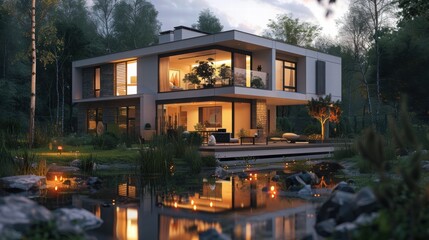 Fototapeta premium Modern House Design Surrounded by Nature at Dusk with Reflection