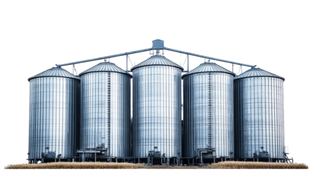 Five metal grain silos storing harvested crops in cultivated field with transparent background
