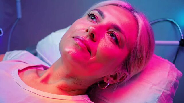 Mature woman receiving facial light therapy session for skin lift effect. Facial anti aging procedure in cosmetology salon. Close up of 50 years old female face during rejuvenation procedure in clinic