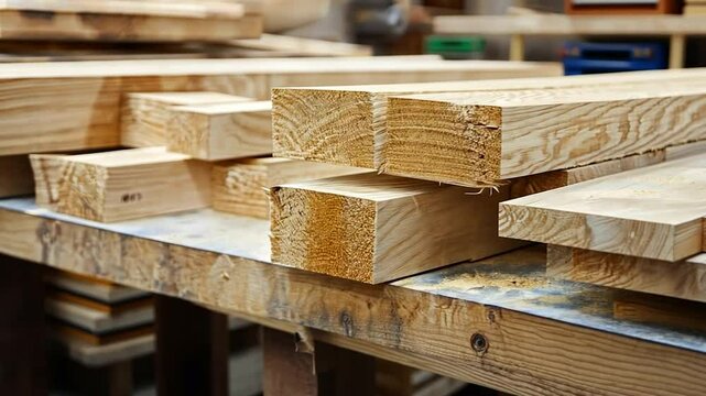 Stacked lumber in a woodworking shop