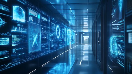 Futuristic Data Center Hallway with Holographic Displays, Blue Tones and Advanced Technology Visualizations for AI, Machine Learning.