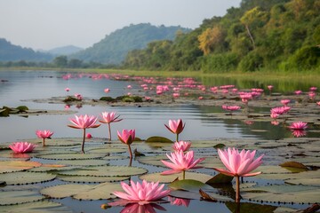 Pink water lilies in a lake