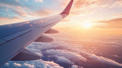 Obraz premium Serene Sunset View from Airplane Wing Above Fluffy Clouds
