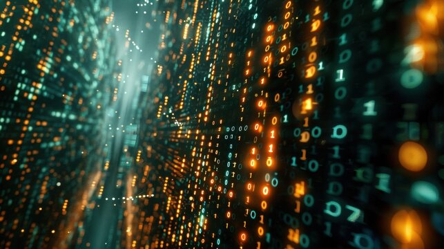 Abstract Digital Visualization of Binary Code in a Futuristic Space