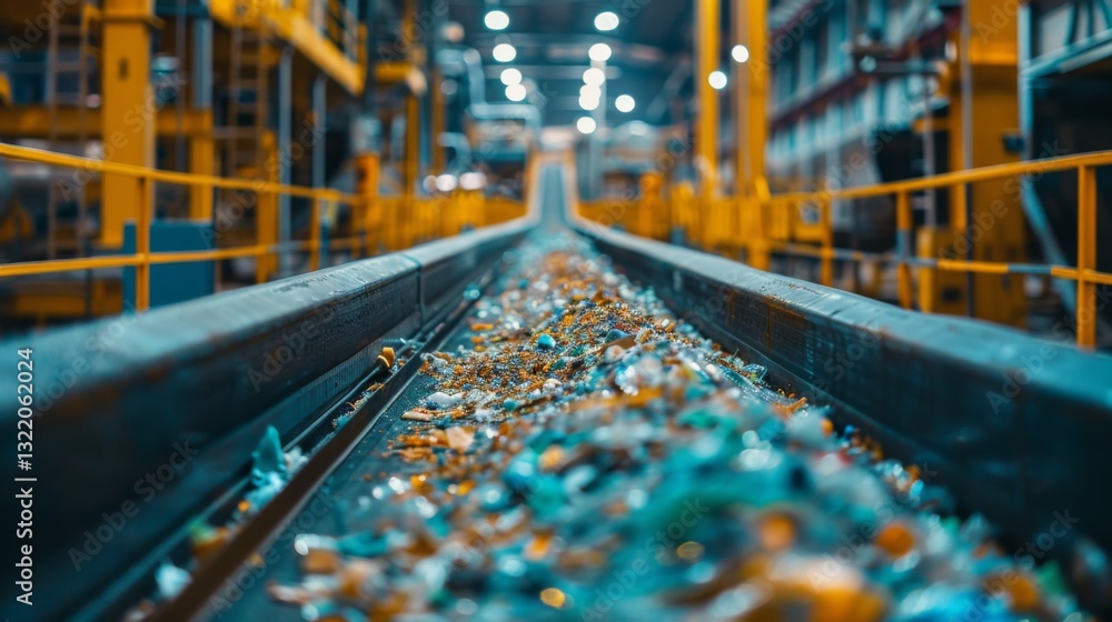 Aufkleber conveyor belt is filled with mixed recyclable materials in a bustling industrial facility. bright li