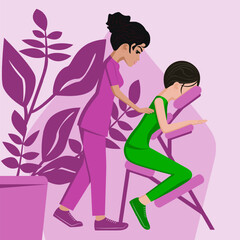 Manual massage. treatment by professional therapist in SPA. Chair Massage Therapy. Isolated flat vector illustration. Indian and Asian ethnicity.