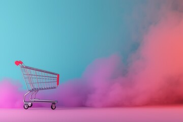 A shopping cart is in front of a blue background with pink and purple smoke. The cart is empty and he is abandoned. The smoke and the cart create a sense of chaos and disarray