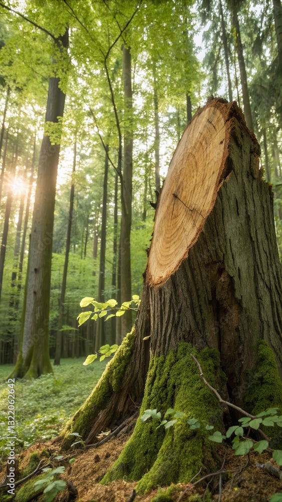 Poster exposed rings of an aged tree trunk under dappled sunlight in a serene forest setting generative ai