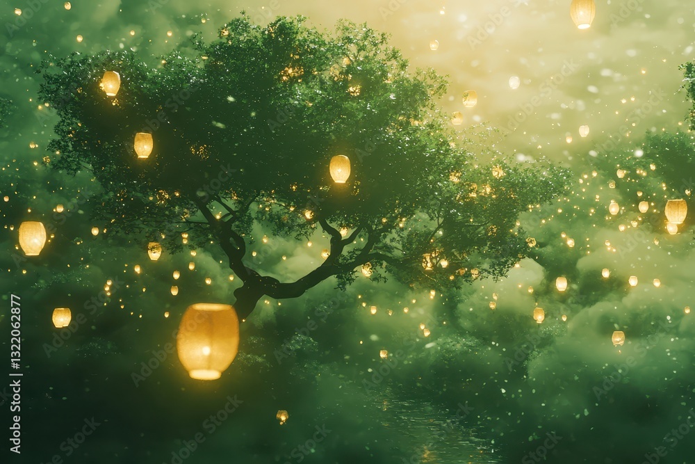Poster enchanted forest with lanterns and ethereal mist at twilight