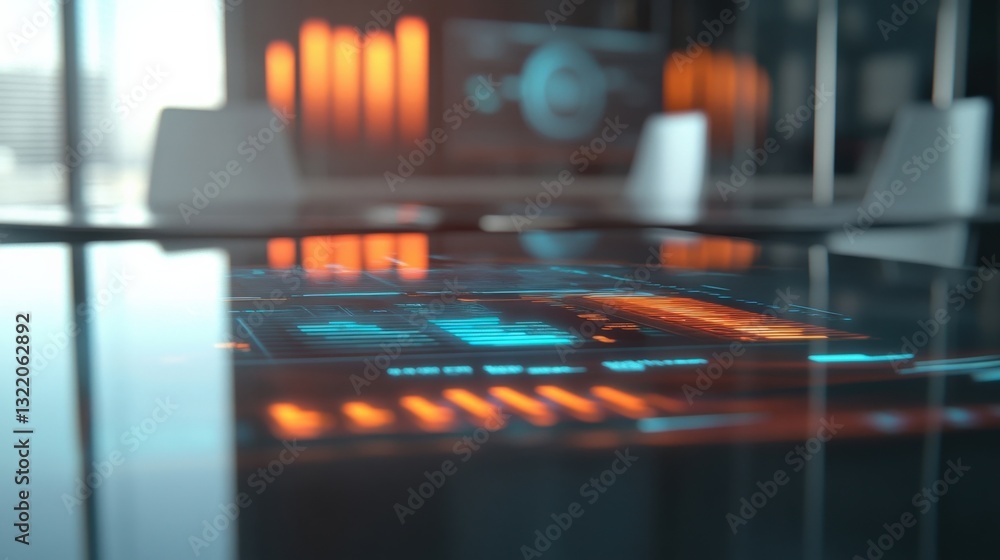 Poster a focused view of a holographic marketing dashboard hovering above a polished conference table featu