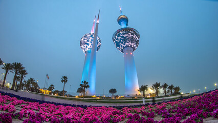 The Kuwait Towers day to night timelapse - the best known landmark of Kuwait City. Kuwait, Middle East