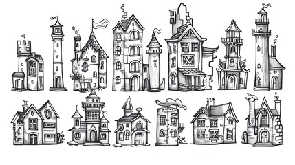 A set of doodles showcasing different types of buildings: houses, skyscrapers, cottages, castles, and lighthouses, each with unique and creative details