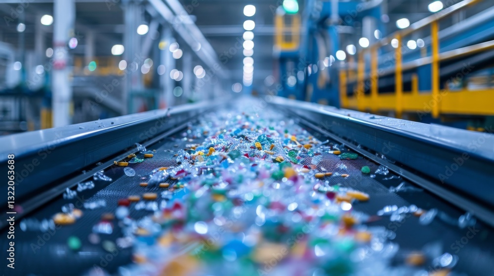 Aufkleber various pieces of colorful plastic waste scatter on a conveyor belt in a recycling plant, highlighti