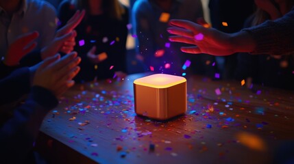 A closeup of an employees hands as they unveil a polished product prototype surrounded by confetti on a stylish wooden table with fellow team members looking on in anticipation capturing