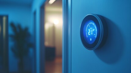 A close-up of a digital thermostat displaying a blue screen with temperature settings on a wall in a modern interior