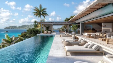 Luxurious villa with infinity pool overlooking tropical ocean view