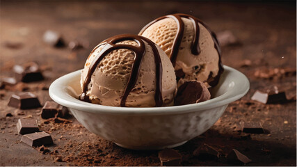 Decadent chocolate ice cream in a waffle cone with rich chocolate sauce.