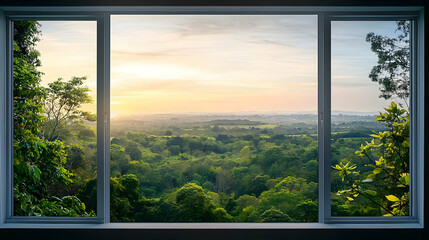 Pixelated Sunrise Over Lush Green Forest Through Window Frame Scenic View From Above With Golden Light