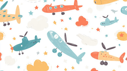Baby air transport pattern. Seamless print of cute childish aviation, nursery wallpaper with doodle kid airplane helicopter transportation. Cartoon vector texture of sky air pattern illustration