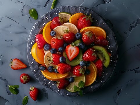 A Top-Down View of a Beautifully Arranged Fruit Bowl with Fresh Oranges, Kiwis, Strawberries, and Blueberries on a Rustic Wooden Table - Vibrant and Healthy Food Photography with Natural Light, Organi