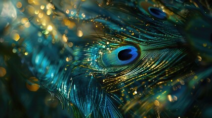 Mysterious peacock feathers with deep blue eyes against dark background with golden bokeh lights