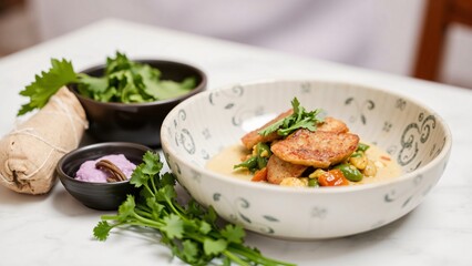 Pan-Seared Fish with Creamy Vegetable Curry and Cilantro Garnish
