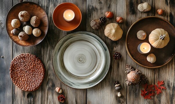 A rustic autumnal table setting with decorative items arranged