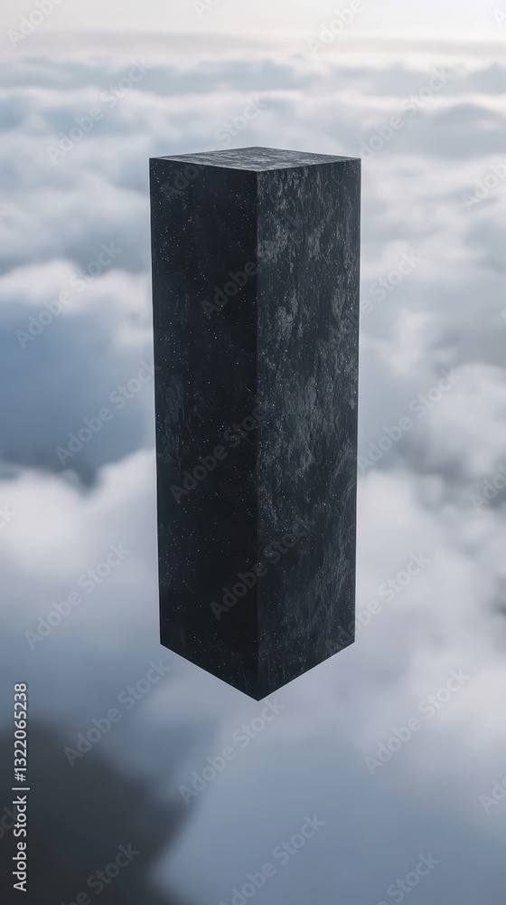 Poster abstract black vertical structure floating above white clouds