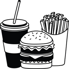 Illustration of a Fast Food Meal with Burger, Fries, and Beverages