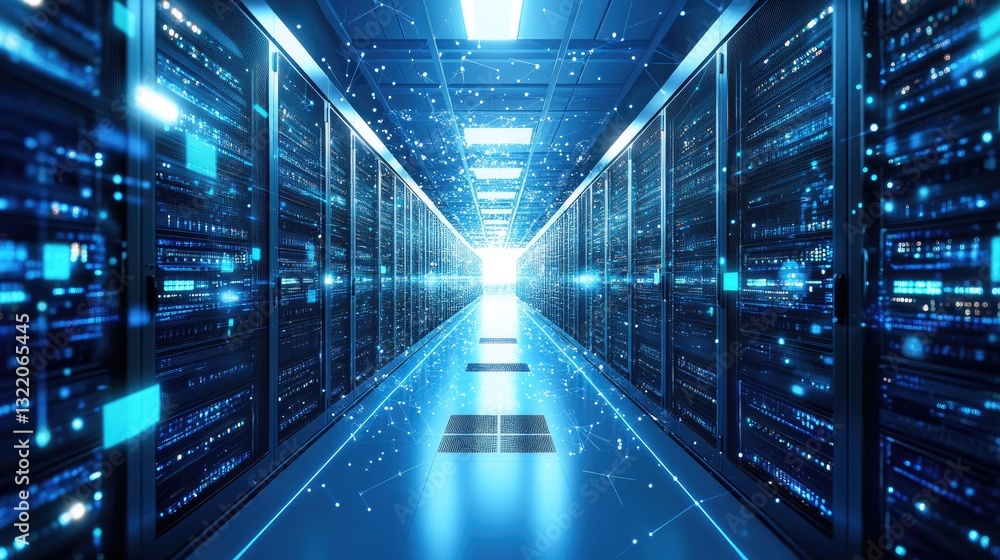 Aufkleber a futuristic data center with glowing blue server racks and advanced digital connections, symbolizin