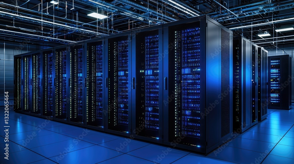 Poster A high-tech data center with rows of illuminated server racks reflecting blue light in a secure, advanced facility. Ideal for cloud computing, AI, and cybersecurity themes