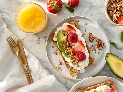 Elegant Flat Lay of a Healthy Breakfast Featuring Avocado Toast, Yogurt Parfait with Granola, Fresh Orange Juice, and a Bowl of Mixed Fruits on White Marble with Golden Cutlery and Linen Napkin 