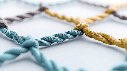Interconnected Woven Rope Knots in Blue Gold and Gray on White Background Forming Intricate Mesh Pattern with Depth of Field