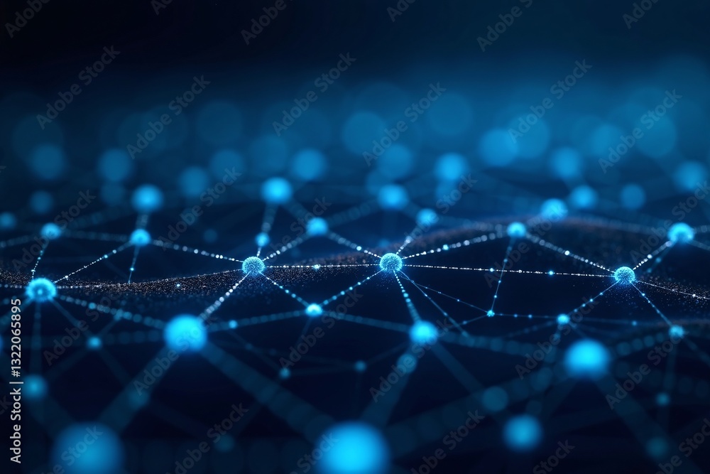 Poster blue abstract background with connecting a lot of dots and lines waves