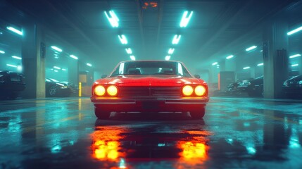 Fototapeta premium Red car front view with its headlights on inside a parking garage
