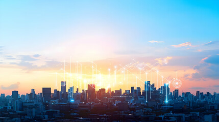 Fototapeta premium Modern Cityscape With Futuristic Network Connections At Sunset Representing Technological Advancement In Urban Development