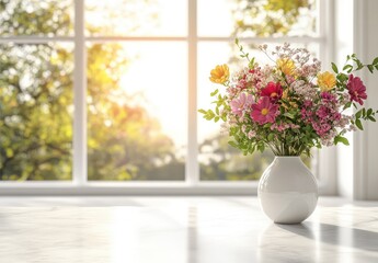Bright and Colorful Flower Bouquet in a Minimalist White Vase Bathed in Warm Natural Sunlight with a Soft Background of Lush Greenery