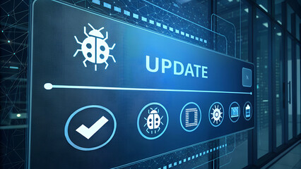 Futuristic Digital Interface Displaying Software Update Process with Bug Fixes

