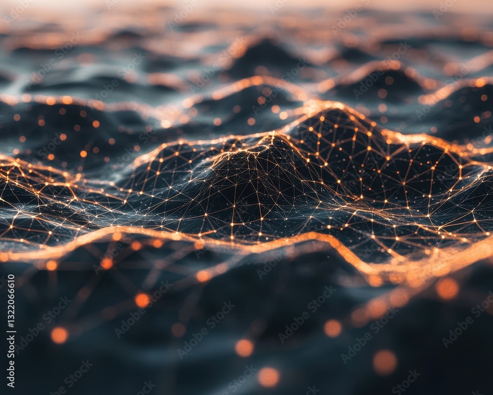 Poster abstract 3d render of mountainous terrain with glowing particles