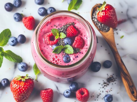 Refreshing Berry Smoothie in Glass Jar on Marble Surface with Fresh Blueberries, Strawberries, Raspberries, Mint Leaves, and Chia Seeds for a Healthy Lifestyle Vibe