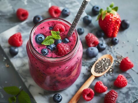 Refreshing Berry Smoothie in Glass Jar on Marble Surface with Fresh Blueberries, Strawberries, Raspberries, Mint Leaves, and Chia Seeds for a Healthy Lifestyle Vibe