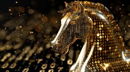 Golden Chess Knight with Binary Code Background for Technology Themes