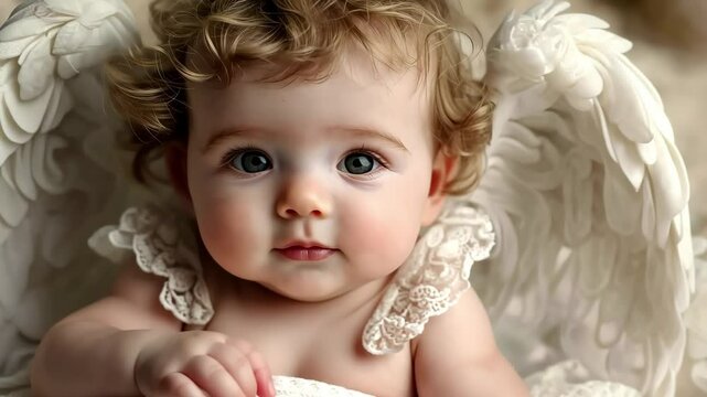 Newborn baby angel lying peacefully on a soft white blanket in a cozy setting, cute newborn baby angel lying on a white blanket