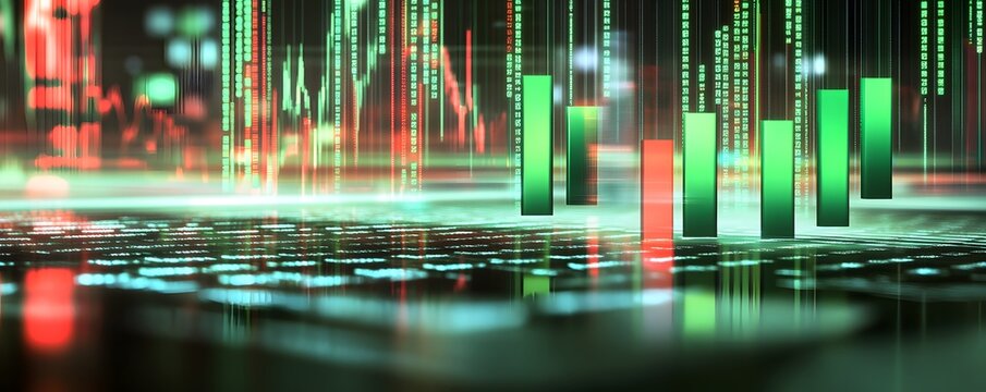 Digital stock market graph with bar chart fluctuations