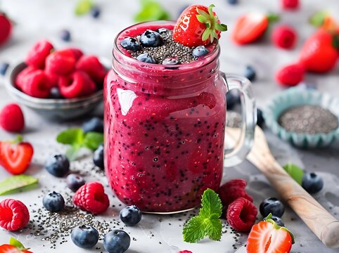 Refreshing Berry Smoothie in Glass Jar on Marble Surface with Fresh Blueberries, Strawberries, Raspberries, Mint Leaves, and Chia Seeds for a Healthy Lifestyle Vibe