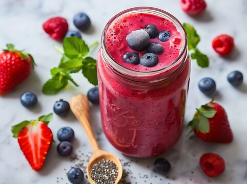 Refreshing Berry Smoothie in Glass Jar on Marble Surface with Fresh Blueberries, Strawberries, Raspberries, Mint Leaves, and Chia Seeds for a Healthy Lifestyle Vibe