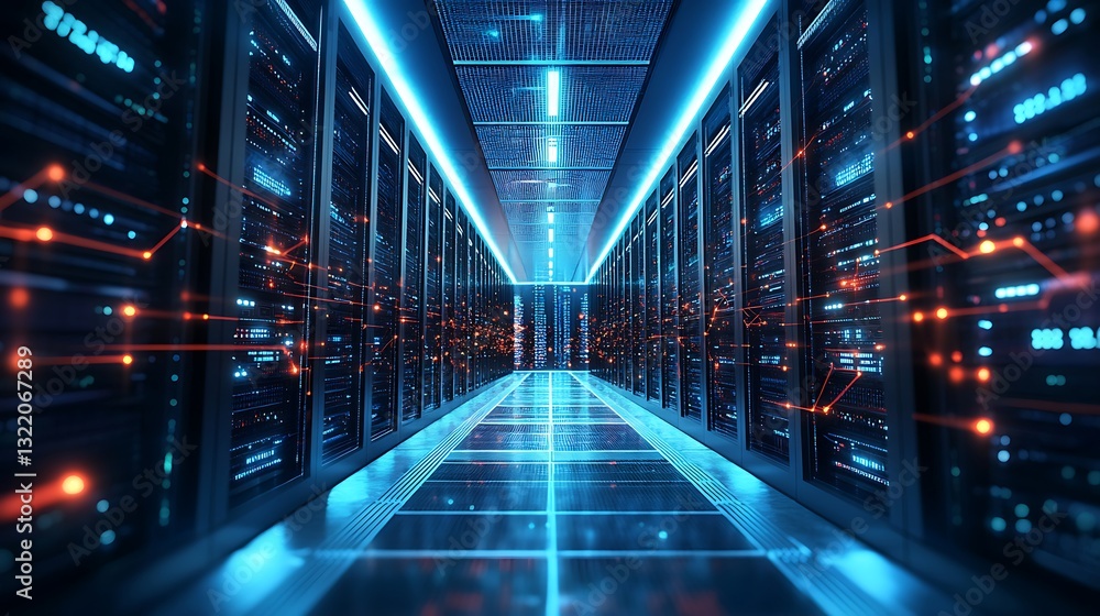 Poster futuristic data center: server room racks with neon lights for cloud computing and cybersecurity inf